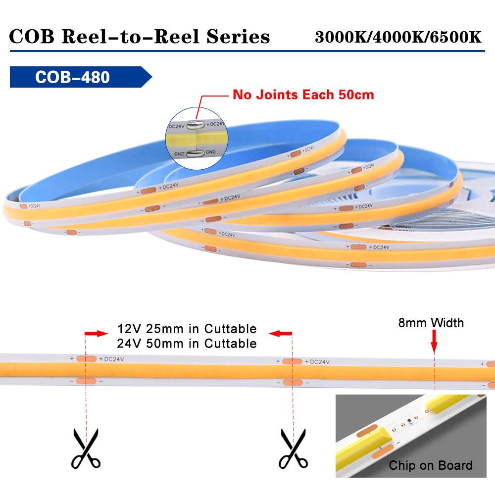 New Reel to Reel COB LED Tape Lights No Solder Point High Density DC12V/24V Cuttable Dotless COB LED Light Strip